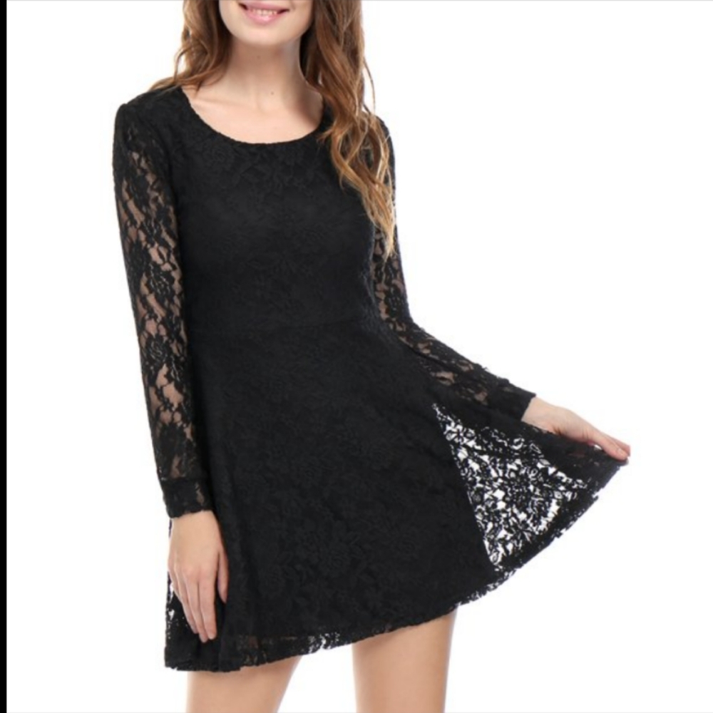 Allegra K Black Scoop Neck Slipcover Lace Skater Dress XL